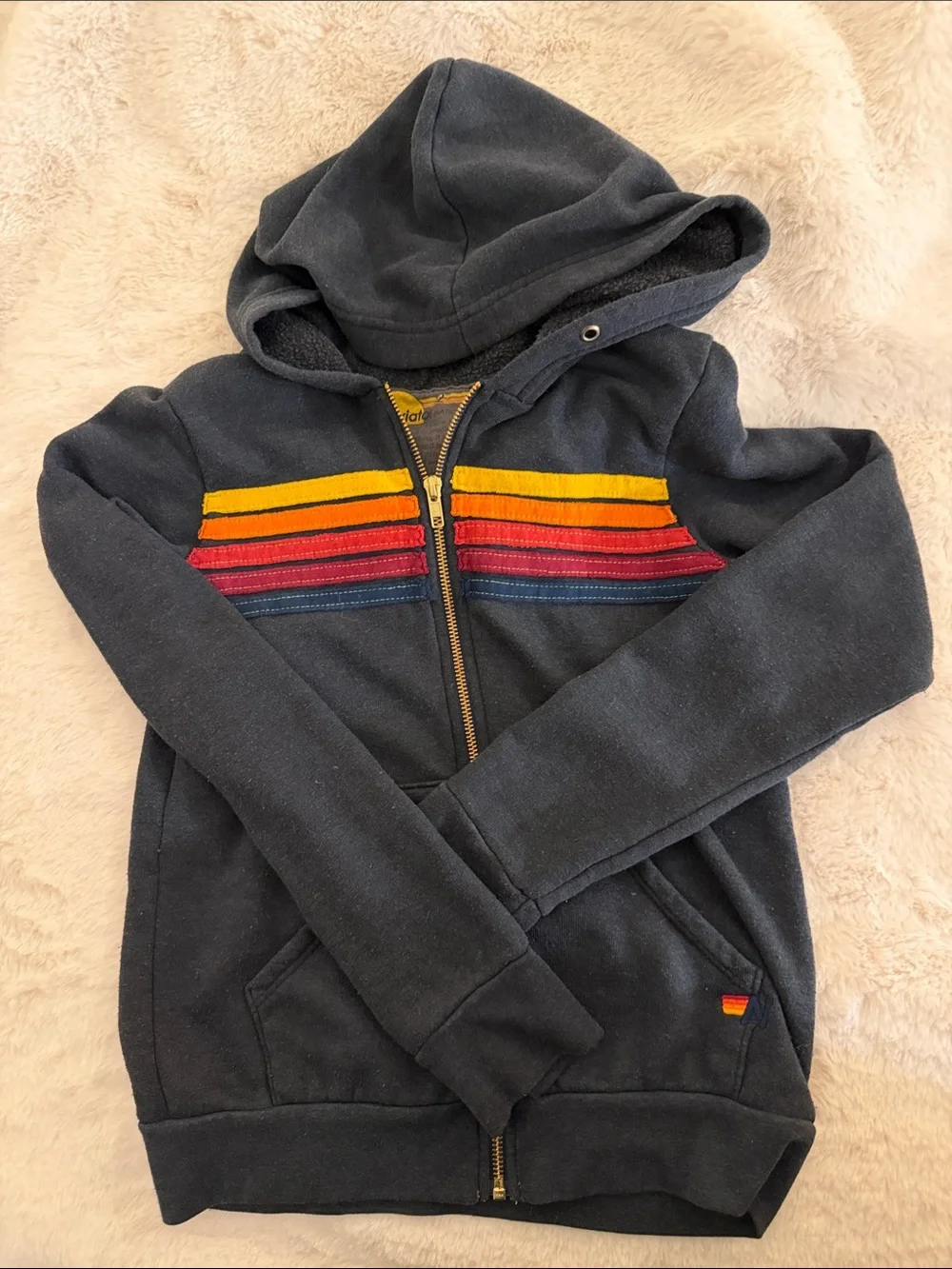 Aviator Nation Navy Kids Zip Hoodie with Rainbow Stripe